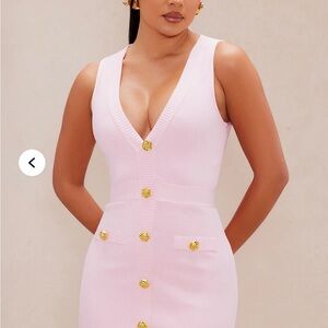 V-Neck Pink Mini Dress with Gold Button Accents